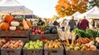 © Pixim Stock - Fresh autumn harvest displayed in wooden crates at outdoor farmers market with colorful pumpkins apples gourds corn and carrots for sale.