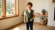 © milenofrigatto - Joyful young boy dressed as an explorer wearing a green vest and holding binoculars