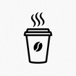 © miss irine - Minimalist black outline icon of hot coffee take away cup. Steam rises from paper drink container with coffee bean symbol. Simple graphic design for cafe logo, mobile app, menu beverage branding.