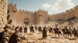 © miss irine - Ancient soldiers on horses, foot march toward massive stone fortress gate. Armored warriors carry spears, shields through dusty desert terrain. Epic battle scene shows large army approaching