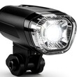 © miss irine - Black modern LED bicycle headlamp with bright light. Bike front light isolated on white background. Cyclist safety equipment for night riding and visibility.