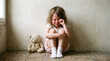 © MS - Crying little girl sitting on floor with teddy bear, sad child feeling lonely and upset