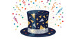 © Robina - A festive dark blue top hat adorned with gold and silver shapes, surrounded by colorful confetti and streamers.