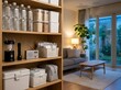 © Pixels Stock - Disaster survival storage shelf in cozy apartment interior featuring bottled water emergency radio flashlight battery lantern first aid kit and canned food rations.