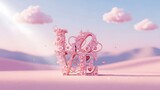 Pink love letters and bird decoration on cloudy sky background