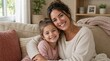 © nabiulislam - Portrait of a happy millennial mother and her young daughter sitting close together on a beige knit couch, hugging and smiling at the camera in a cozy living room with warm home decor and plants.