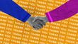 © Leo Lintang - Handshake against a bright orange textured background with repeating thank you text, flanked by blue and purple sleeves, symbolizing gratitude, partnership, and appreciation. Thank You Message