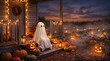 © Bilal - Halloween ghost figure sitting on porch steps, glowing jack o lanterns and fairy lights at dusk, spooky farmhouse exterior with misty pumpkin patch background