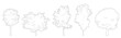 © SRTember - Architectural isometric tree collection displaying diverse deciduous foliage crowns and trunk line art elements for landscape axonometric and CAD rendering.