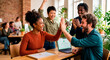 © MyDigitalCraft - Friends celebrating small achievement, Diverse young coworkers high-fiving and smiling in a modern office
