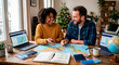 © MyDigitalCraft - Couple planning New Year travel goals, Young interracial couple planning a trip with map and laptops at home
