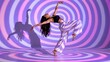 © ZC - Woman dancing with arms raised against a purple and pink concentric circle background with woman long