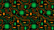 © Saiful - Seamless tileable vector pattern of orange and green digital circuit board traces with microchips capacitors and resistors on solid black background for modern technology and electronics design