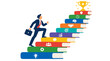 © Dylan - Ambitious businessman carrying briefcase rushing up tall colorful book staircase adorned with skill symbols toward shining golden trophy in bright vector illustration on white backdrop