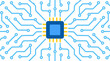 © Peter - Square blue microchip with yellow pins centered on a seamless tileable background of light blue circuit traces, modern flat vector illustration of digital electronics and hardware engineering
