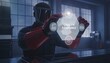 © Kazi - Futuristic figure wearing protective red armor gear touches a holographic interface screen dedicated to quality assurance and manufacturing.