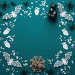 © mdnazirhossain - Halloween frame border with white owls bats and spiders on a dark blue background for holiday party invitation and greeting card design template with copy space for text