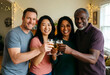 © Pixel-Shot - Diversity and inclusion, happy multi-ethnic friends toasting with drinks at home celebration, social connection and friendship in a diverse community