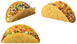 © Leon_Art - A collection of crunchy hard shell tacos filled with varied ingredients like beef, beans, and fish.