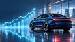 © abdul studio - Modern electric vehicle displayed in showroom with rising glowing financial charts indicating automotive market growth and sales increase