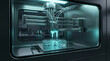 © Primex Legacy - Automated bio-printing machine in sterile chamber extruding vascular scaffold with glowing bio-ink, regenerative medicine tissue engineering and organ transplant research tech