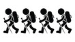 © ADEL SMITH - Black stick figure group hiking with backpacks and trekking poles vector icon illustration isolated on plain white background graphic design
