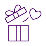 Purple line art icon of an open gift box with heart transparent background