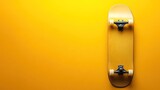 ollie. A vibrant yellow skateboard captured at a dynamic angle, radiating energy and movement. event key visuals, club posters, designed for sports event promotions and stadium branding.