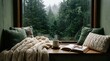 © kiron Nipa - Cozy window nook with a steaming mug and open book on a rainy day