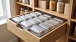 © Cahya - Wooden pantry drawer neatly packed with foil wrapped emergency ration food bars, symbolizing long term food storage, emergency prep, and pantry organization