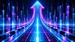 © DINA - Abstract digital upward arrow formed by glowing binary code data streams with futuristic neon cityscape background representing data flow progress and technology