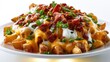 © Zarana  - Loaded french fries with melted cheese, crispy bacon, sour cream, and green onions, isolated on white background. Ideal for fast food menus or comfort food advertising.