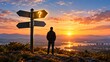 © Melisa Sunorita - A lone man stands on a mountain peak at a multi-directional signpost, one arrow glowing with a question mark, symbolizing choices and future decisions.