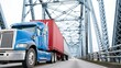 © Generative AI - Blue semi truck with red container crossing metal
