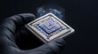 © MZubair - Gloved hand holding a modern quantum processor chip with a glowing digital holographic interface