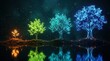 © BZXO - Stages of development from small sapling to large tree depicted by four luminous trees in a digital landscape.