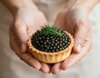 © bell - Close-up photorealistic shot of exquisite tartlet filled with black caviar and fresh dill on neutral background