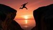© Agnes - Silhouette of a man jumping over a gap between two cliffs at sunset, conceptualizing risk, courage, and success.