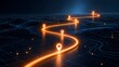 © M@rketVisualsStudio - Illuminated digital navigation path with map markers on wireframe topography representing virtual gps tracking system and global supply chain logistics