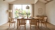 © Perry Ashari - Minimalist modern dining room interior with light oak table, woven cane chairs, and jute rug. Vaulted ceiling with wooden beams and floor-to-ceiling window overlooking a lush garden.