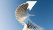 © Selvam - Abstract 3D white geometric spiral sculpture with an upward arrow shape under a blue sky. Perfect background for modern business growth, corporate branding, and technology presentation decks