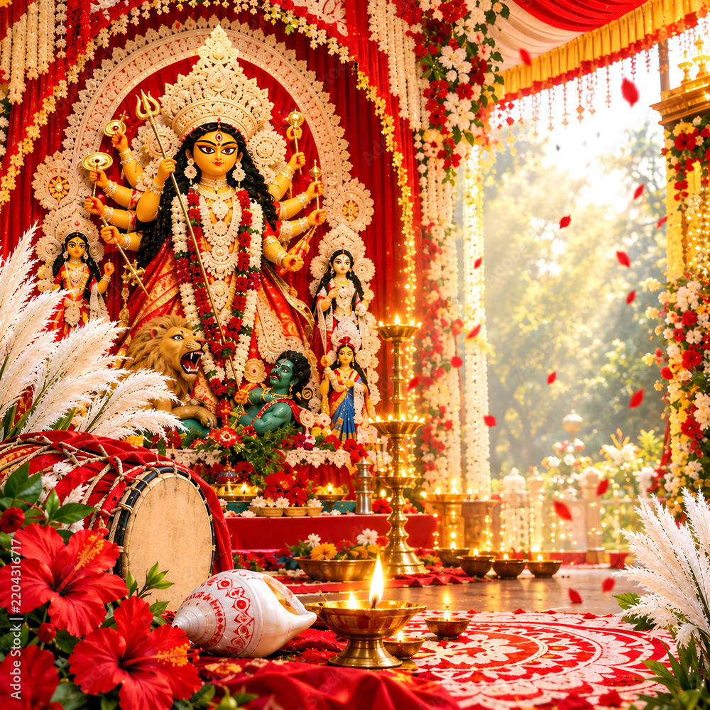 Traditional Durga Puja Pandal Idol Decoration with Goddess Durga Idol ...