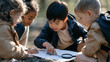 © AnastasiiaRozhmanova - An interracial multicultural group of children in outdoor woodland surroundings gathered around a submarine operation diagram, one child guiding another through a difficult