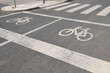 © Vlad Yakubovskiy - Bicycle lane markings and zebra crossing on urban asphalt street with painted cycling symbols, road lines, sidewalk island, and traffic infrastructure in city roadway