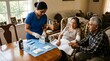 © Wool World - Professional female nurse in blue scrubs preparing medical supplies and sterile gauze for wound care treatment for an elderly woman at home while her husband provides emotional support.