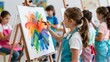 © joeycheung - Young girl paints vibrant swirls on canvas, surrounded by peers in art class.
