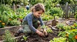 © Bruno Stock - Young girl planting a tomato seedling in a lush organic garden with blurred figures in the background