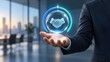 © Amrullah - Corporate executive holding a glowing holographic handshake symbolizing digital business deals and client trust
