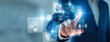 © NexPix - Machine Learning algorithm logic. Engineer hand touch virtual screen training Machine Learning models. Optimizing predictive outcomes and refining automated smart system decision capabilities daily.