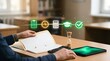 © Drift - Person holding an open folder at a desk with digital education icons